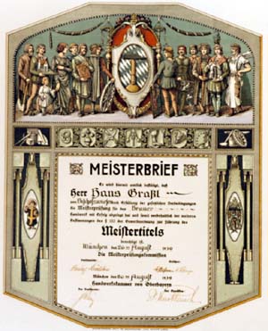 Ein reich dekorierter Meisterbrief in der Tradition alter Zünfte.